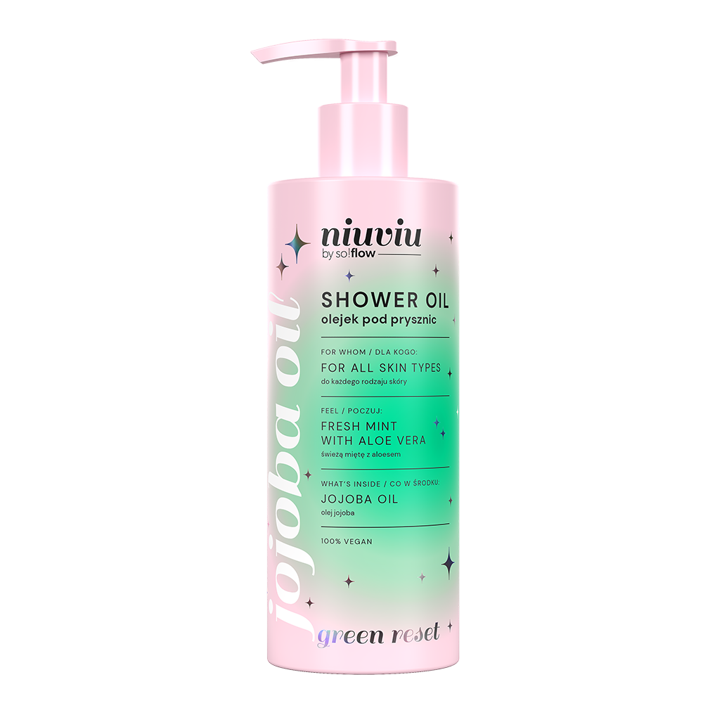 Olejek pod prysznic Green Reset z olejem jojoba i aloesem, opakowanie zielono-różowe
