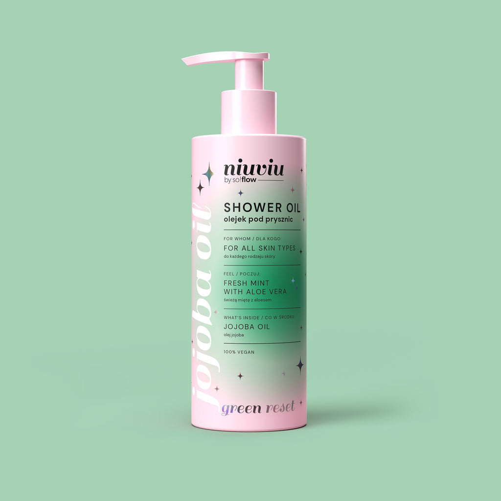 Olejek pod prysznic niuviu Green Reset, różowe opakowanie, olej jojoba, mięta, aloes