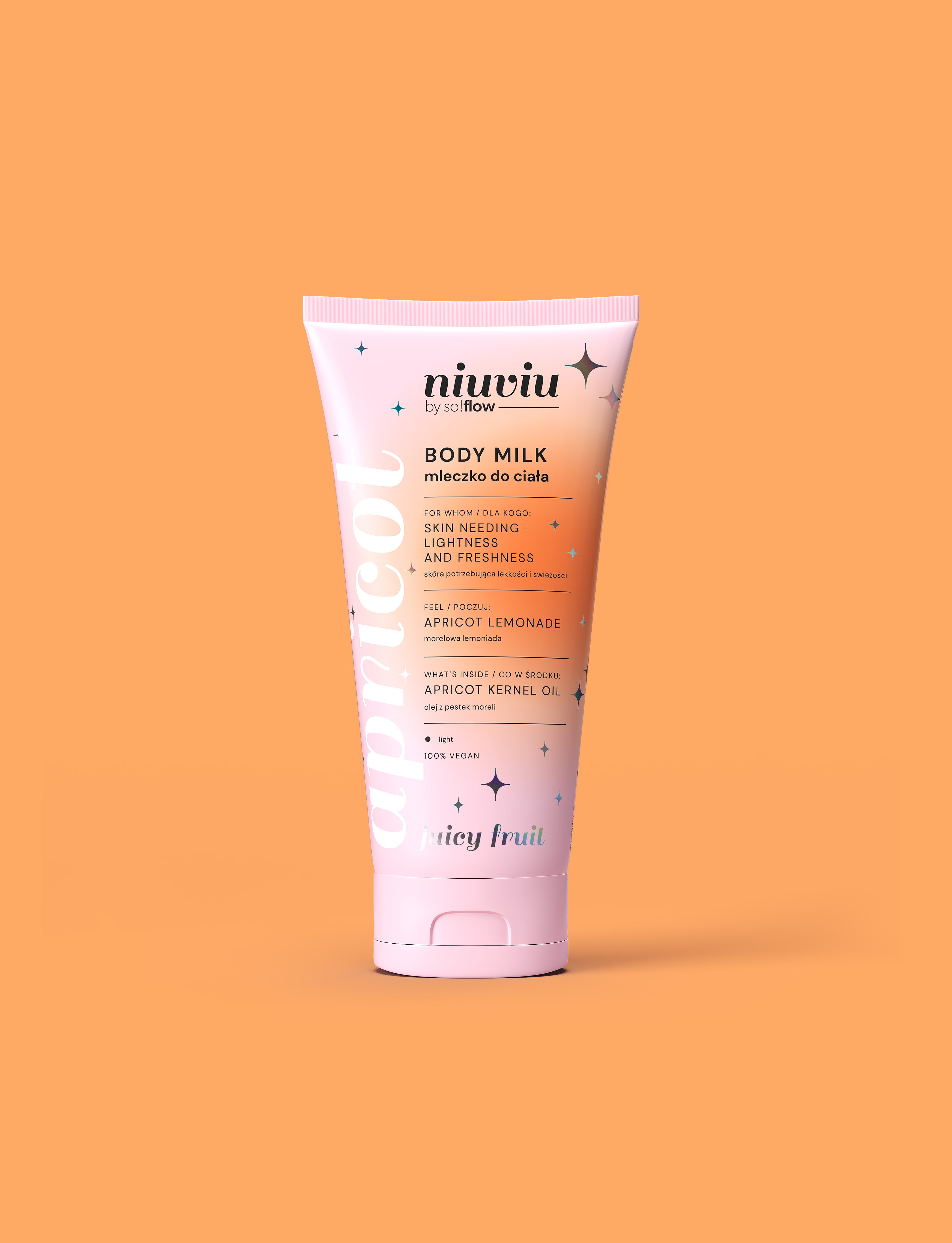 Mleczko do ciała Juicy Fruit, linia Apricot, niuviu, różowo-pomarańczowa tuba, olej z pestek moreli
