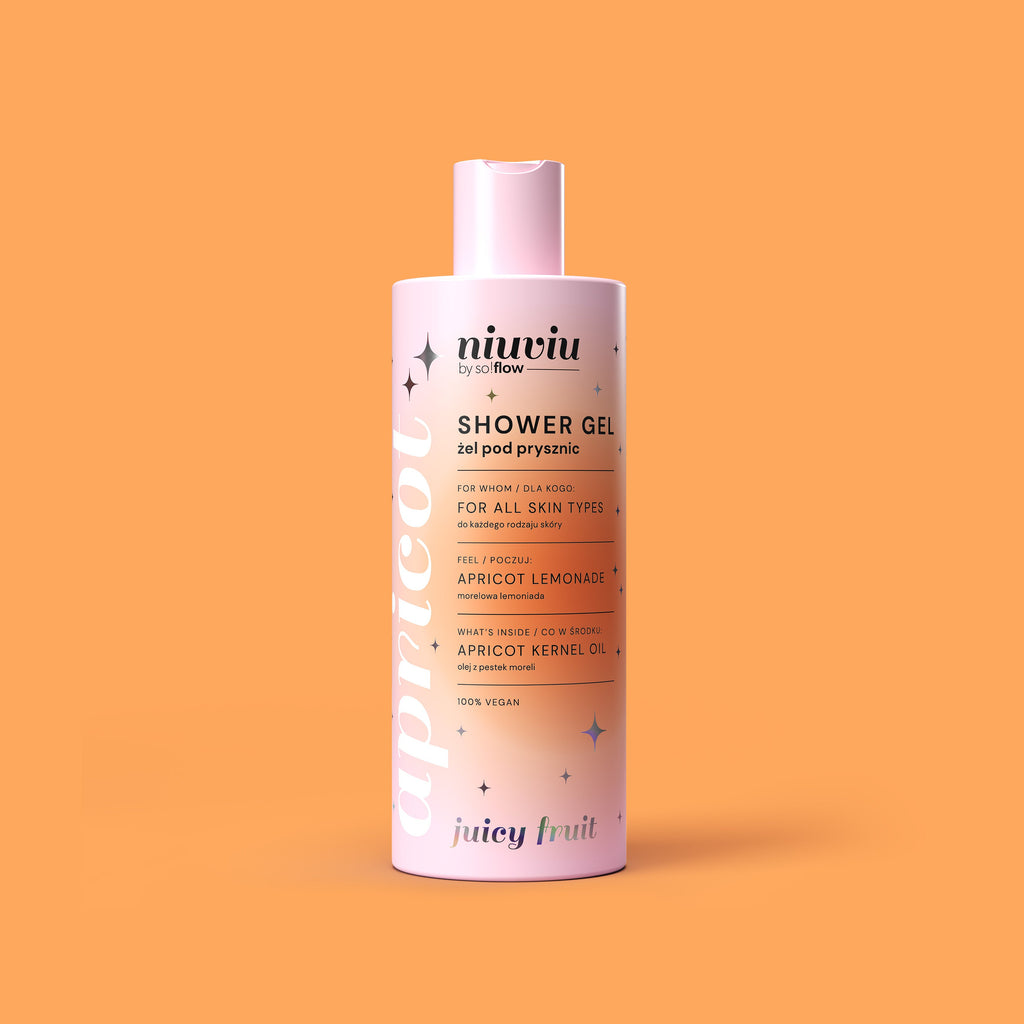 Żel pod prysznic Juicy Fruit, linia apricot, różowe opakowanie, olej z pestek moreli