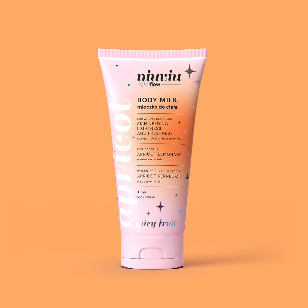 Mleczko do ciała niuviu Juicy Fruit apricot z olejem z pestek moreli, różowo-pomarańczowa tuba
