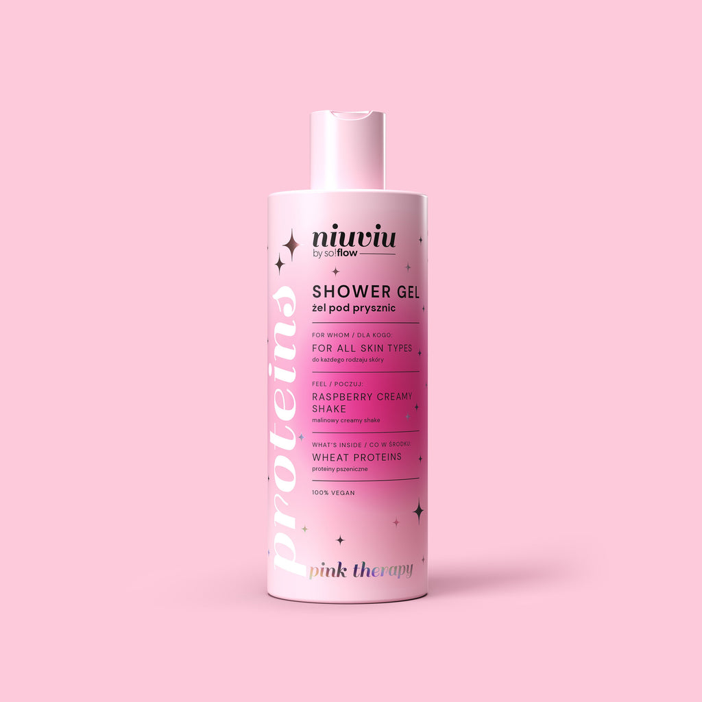 niuviu Pink Therapy żel pod prysznic z malinowym shake, białe opakowanie na różowym tle
