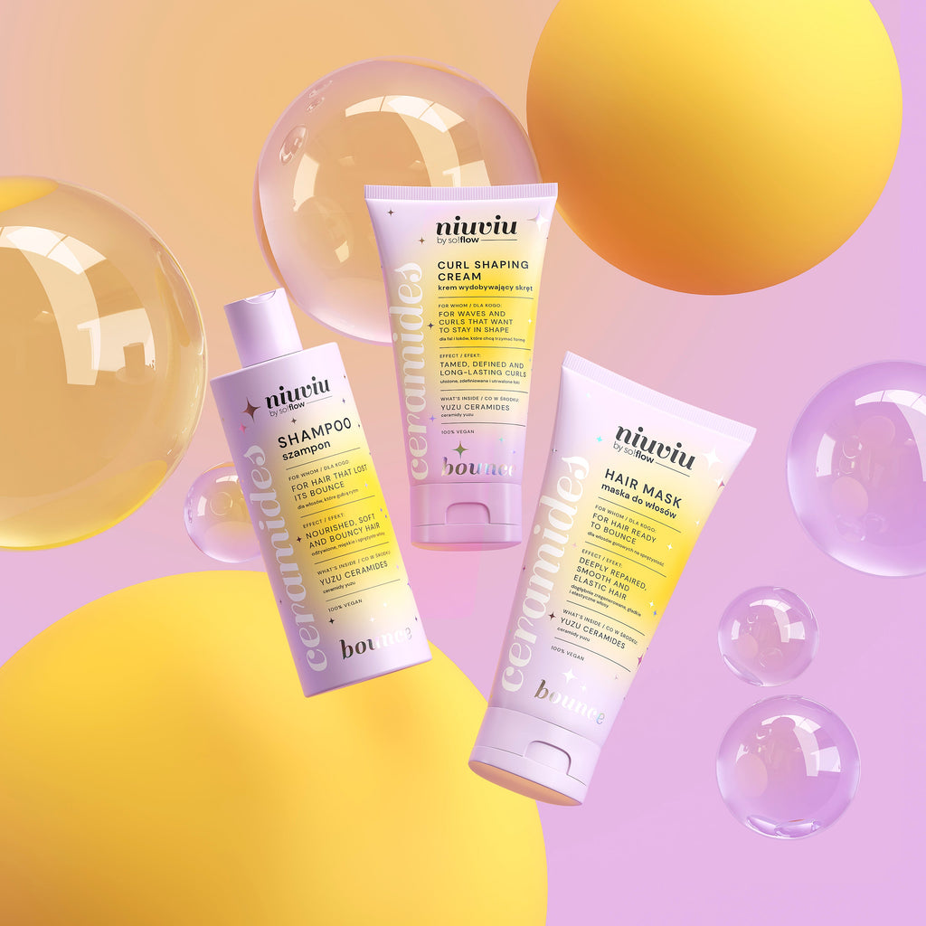 Szampon, maska i krem Bounce z ceramidami, pastelowe opakowania, linia niuviu, bąbelki w tle