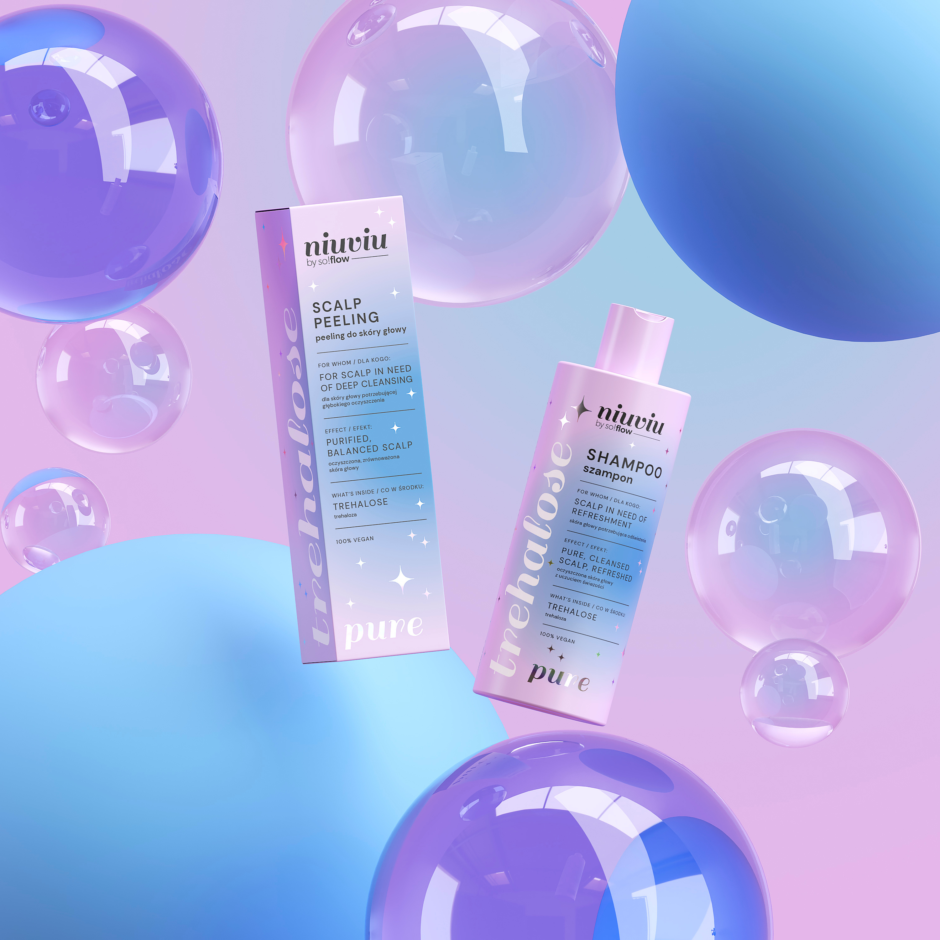 Szampon i peeling do skóry głowy niuviu Pure, pastelowe opakowania, motyw bąbelków