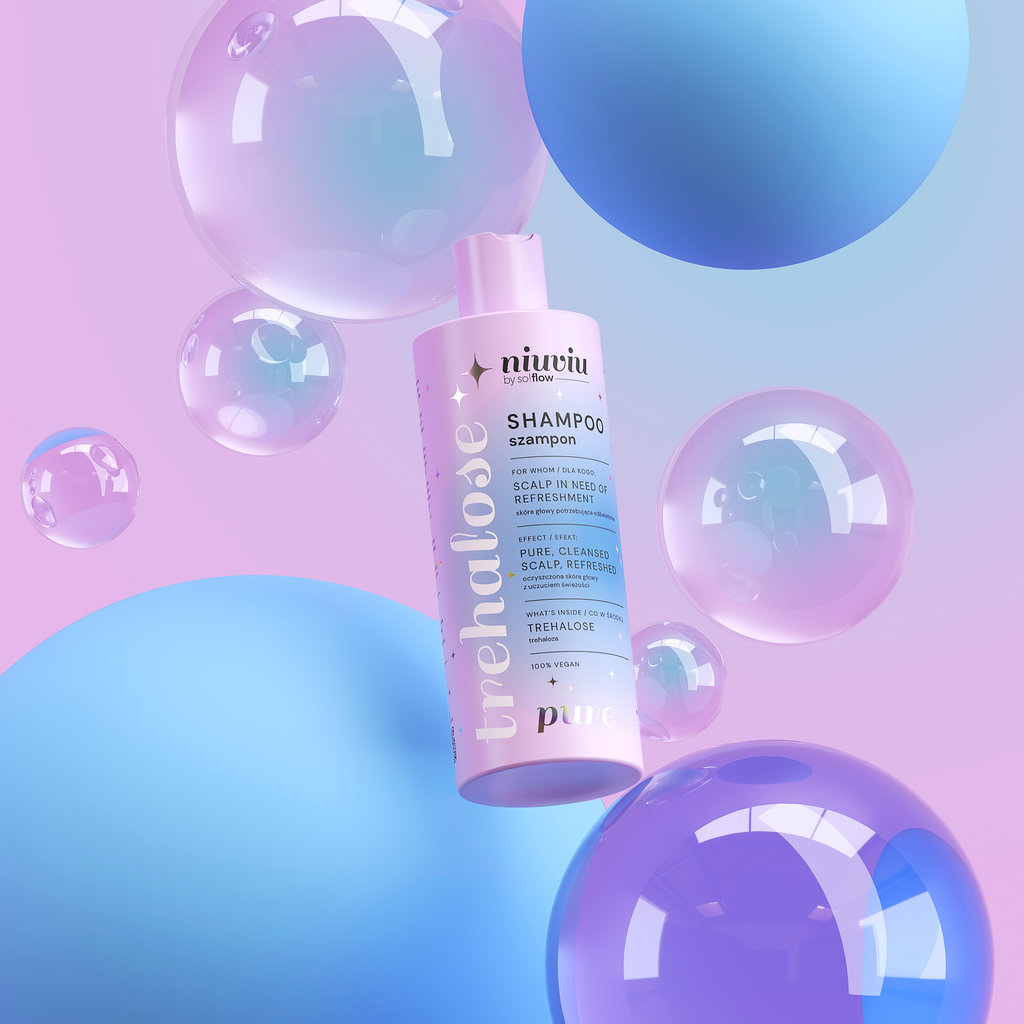 Szampon Pure niuviu w różowo-niebieskim opakowaniu, pastelowe bańki mydlane, minimalistyczny design.